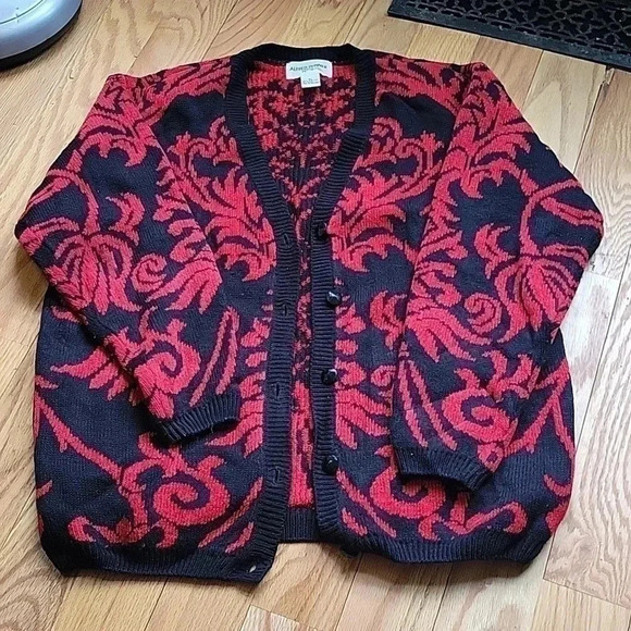 Vintage Alfred Dunner Red Black Cardigan Large Petite - Picture 1 of 10